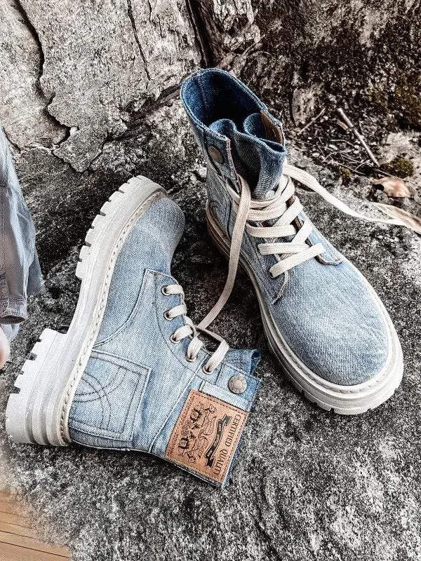 2023 Denim Martin Boots Ankle Boots for Women's Lace Up Thick Sole Shoes Flower Print Adidas Shoes