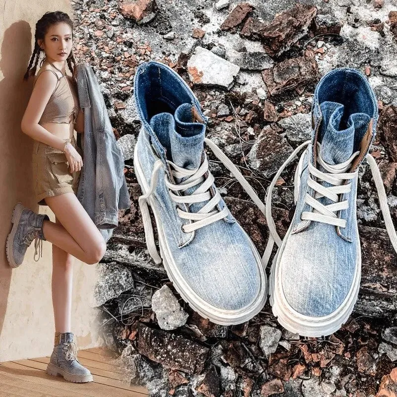 Adidas Spzl Shoes 2023 Denim Martin Boots Ankle Boots for Women's Lace Up Thick Sole Shoes