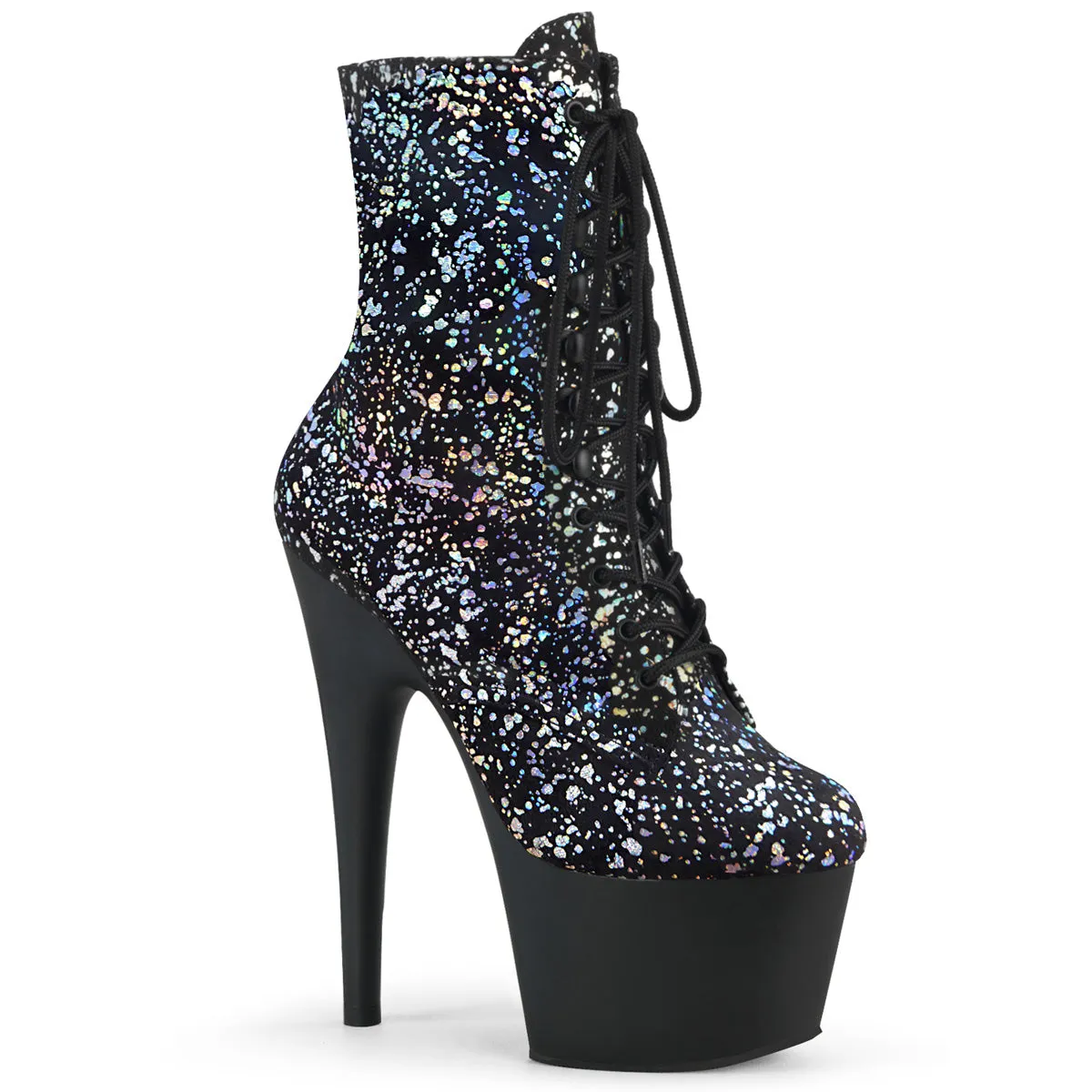 7 Inch Heel ADORE-1020SPLAT Black Velvet Silver Holo 6e Work Boots