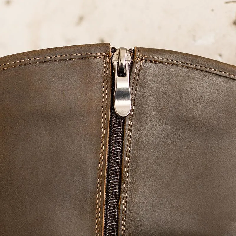 Winter Snow Boots With Fur Crazy Horse Leather Knee High Boots Western Cowboy Boots Retro Riding Boots Short Plush Coffee /Black