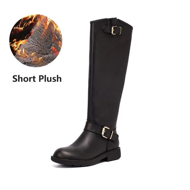 Crazy Horse Leather Knee High Boots Western Cowboy Boots Retro Riding Boots Short Plush Coffee /Black Muck Boots For Snow