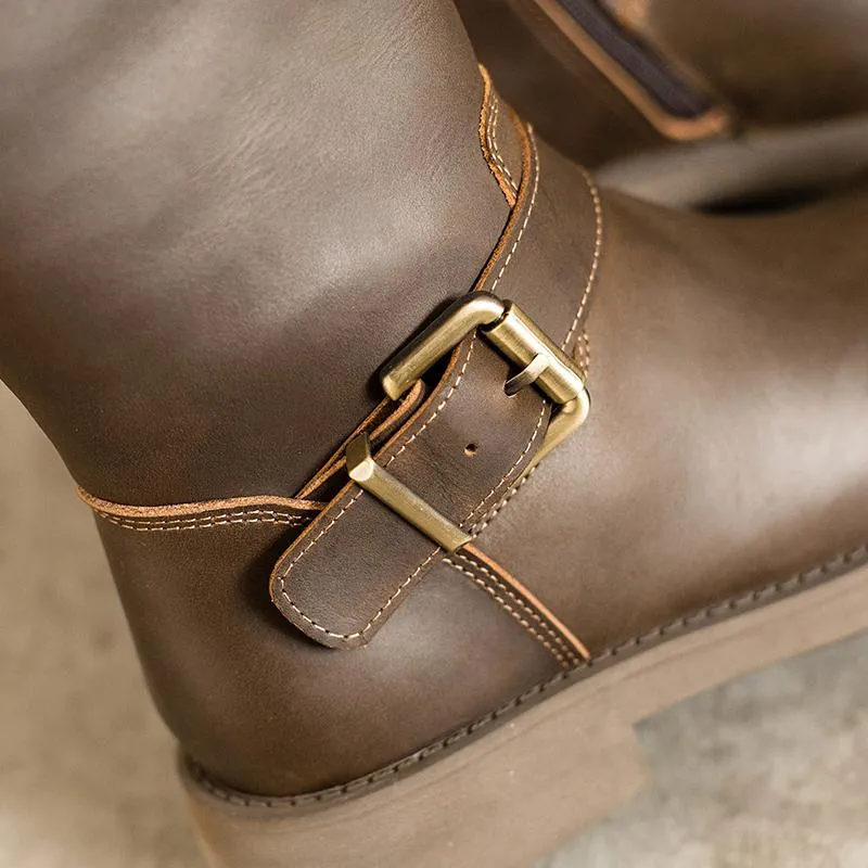 Best Boots For Working In The Snow Crazy Horse Leather Knee High Boots Western Cowboy Boots Retro Riding Boots Short Plush Coffee /Black