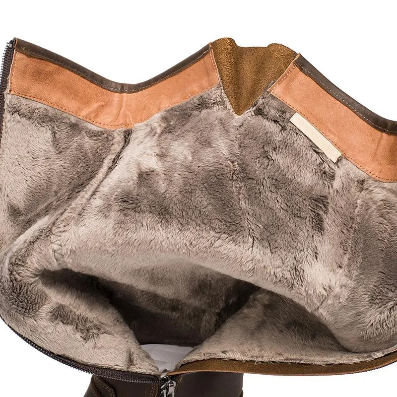 Totk Snow Boots Crazy Horse Leather Knee High Boots Western Cowboy Boots Retro Riding Boots Short Plush Coffee /Black