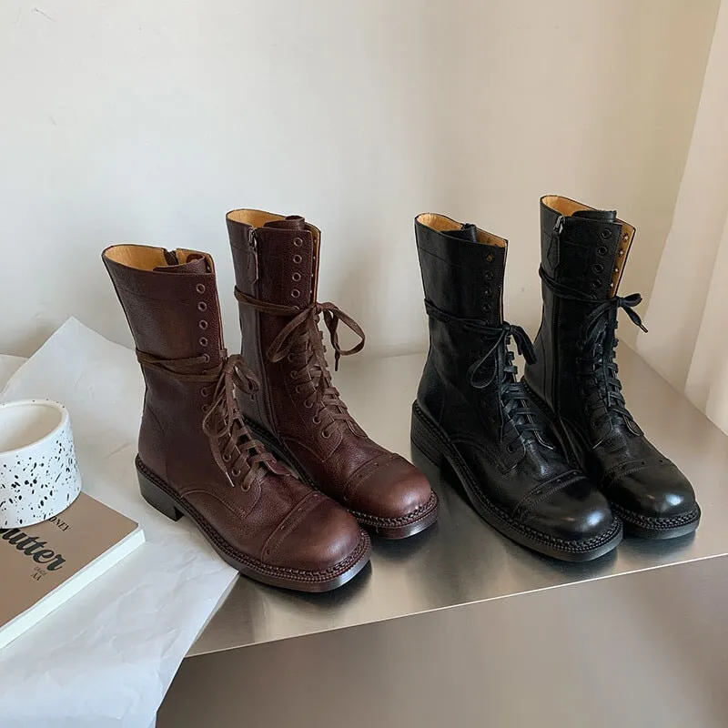 Cow Leather Combat Boots Designer Retro Chunky Lace up Boots Side Zip Brown/Black Sorel Wide Width Snow Boots