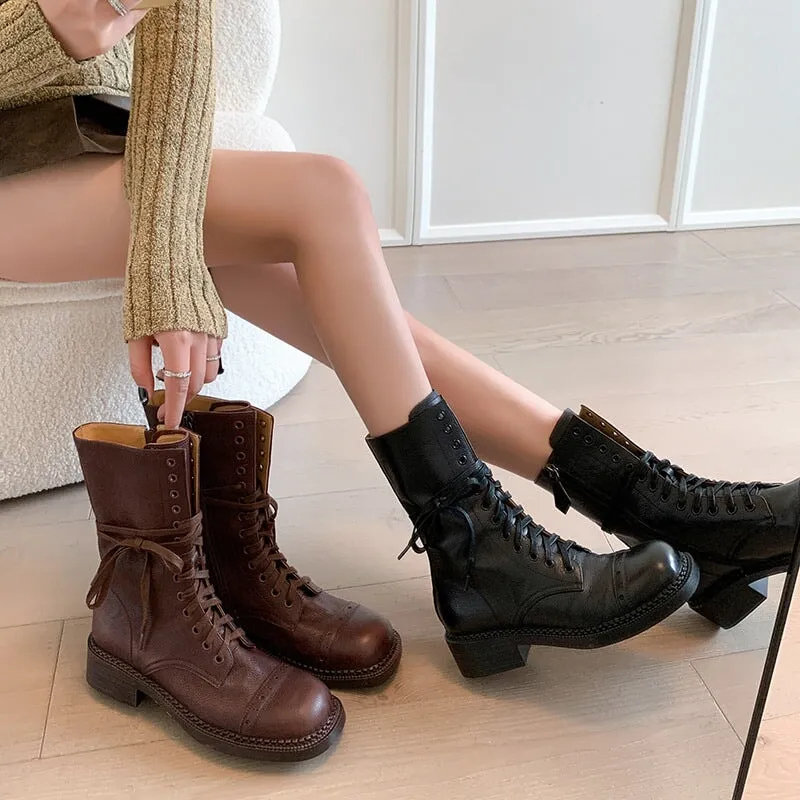 Cow Leather Combat Boots Designer Retro Chunky Lace up Boots Side Zip Brown/Black Dillards Snow Boots