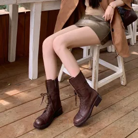 Cow Leather Combat Boots Designer Retro Chunky Lace up Boots Side Zip Brown/Black Knee High Lace Up Snow Boots