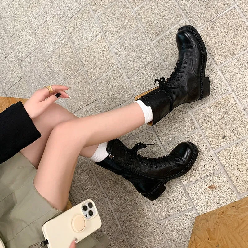 Insulated Waterproof Snow Boots On Sale Cow Leather Combat Boots Designer Retro Chunky Lace up Boots Side Zip Brown/Black