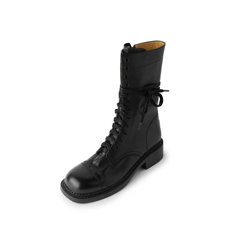 Snow Boot Size Conversion Cow Leather Combat Boots Designer Retro Chunky Lace up Boots Side Zip Brown/Black