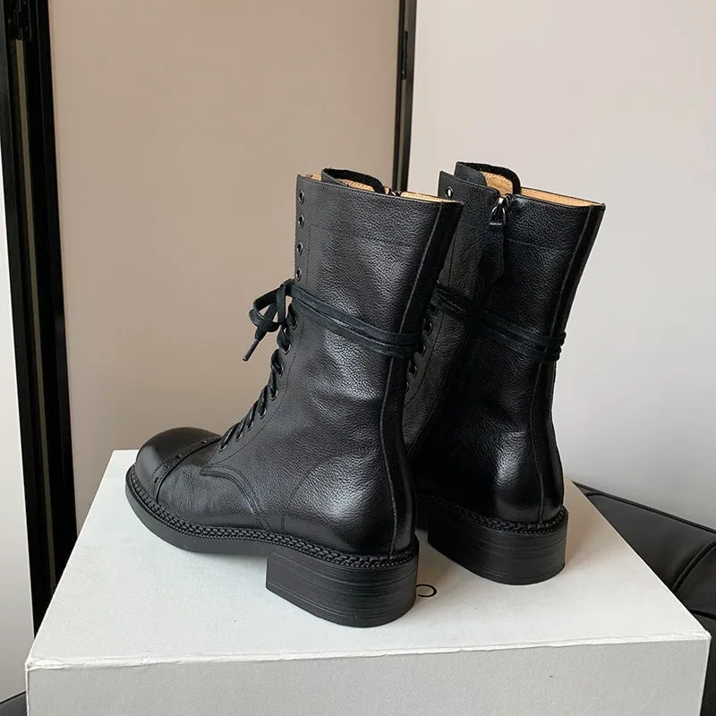 Cow Leather Combat Boots Designer Retro Chunky Lace up Boots Side Zip Brown/Black Merrell Girls Snow Boots