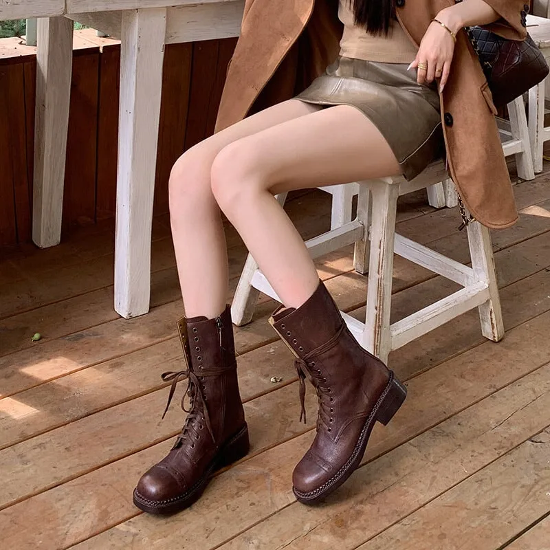 Cow Leather Combat Boots Designer Retro Chunky Lace up Boots Side Zip Brown/Black Big Five Snow Boots