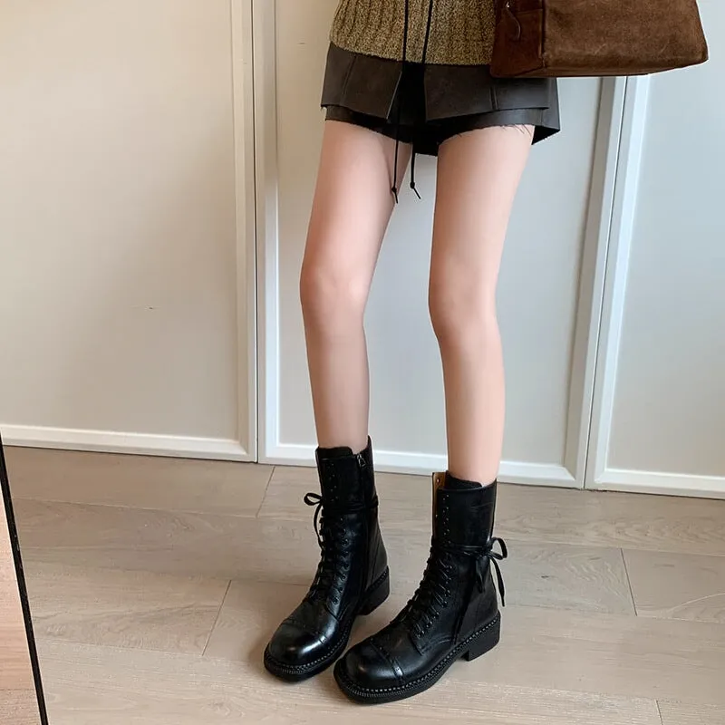 Cow Leather Combat Boots Designer Retro Chunky Lace up Boots Side Zip Brown/Black Aleader Insulated Waterproof Winter Snow Boots