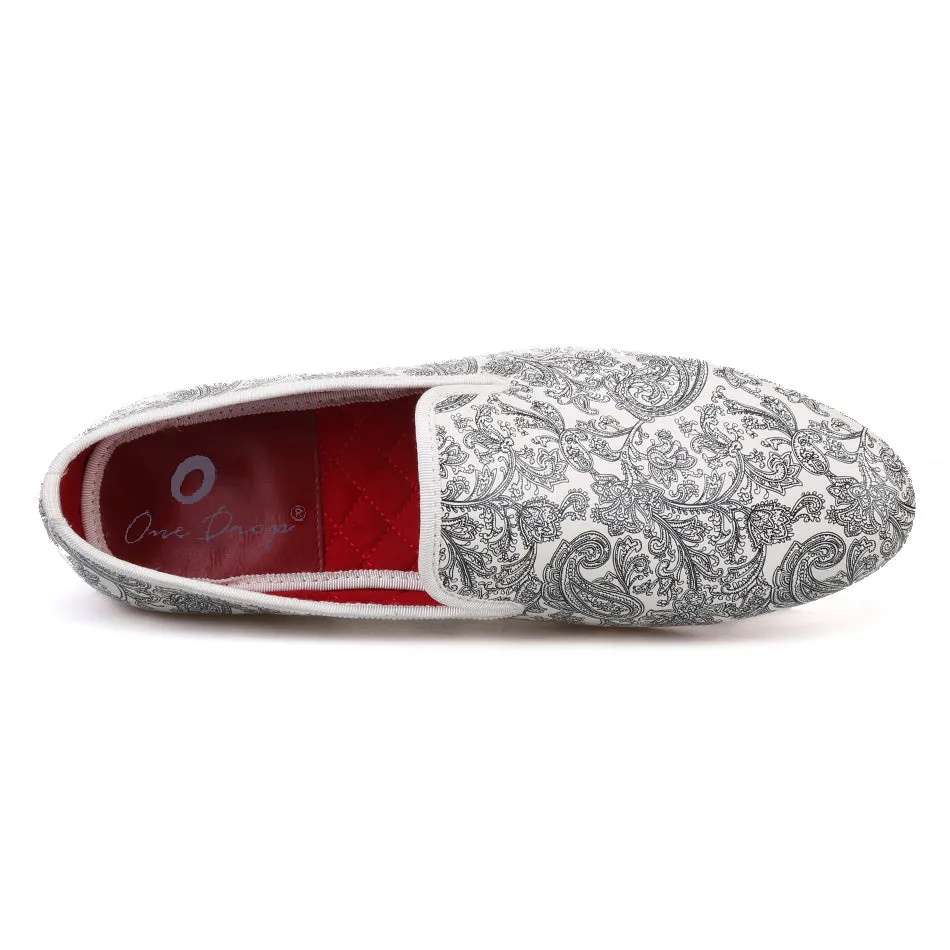 OneDrop Handmade Paisley Prints Men Dress Shoes White Slipper Wedding Party And Prom Loafers Traveler Penny Loafers