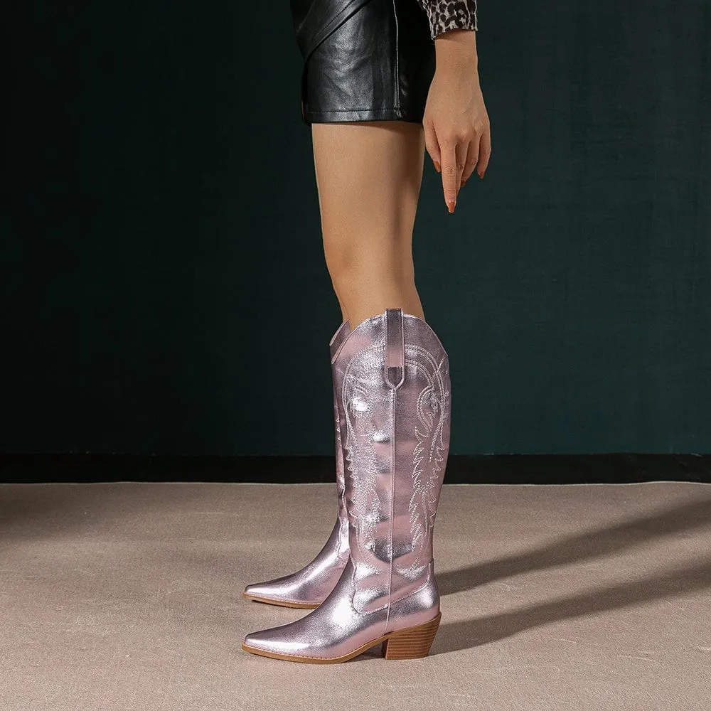 Amoji Women Western Cowboy Boots Cowgirl Knee High Boots Pointed Toe Pull On With Zipper FZ307 Boots Leather