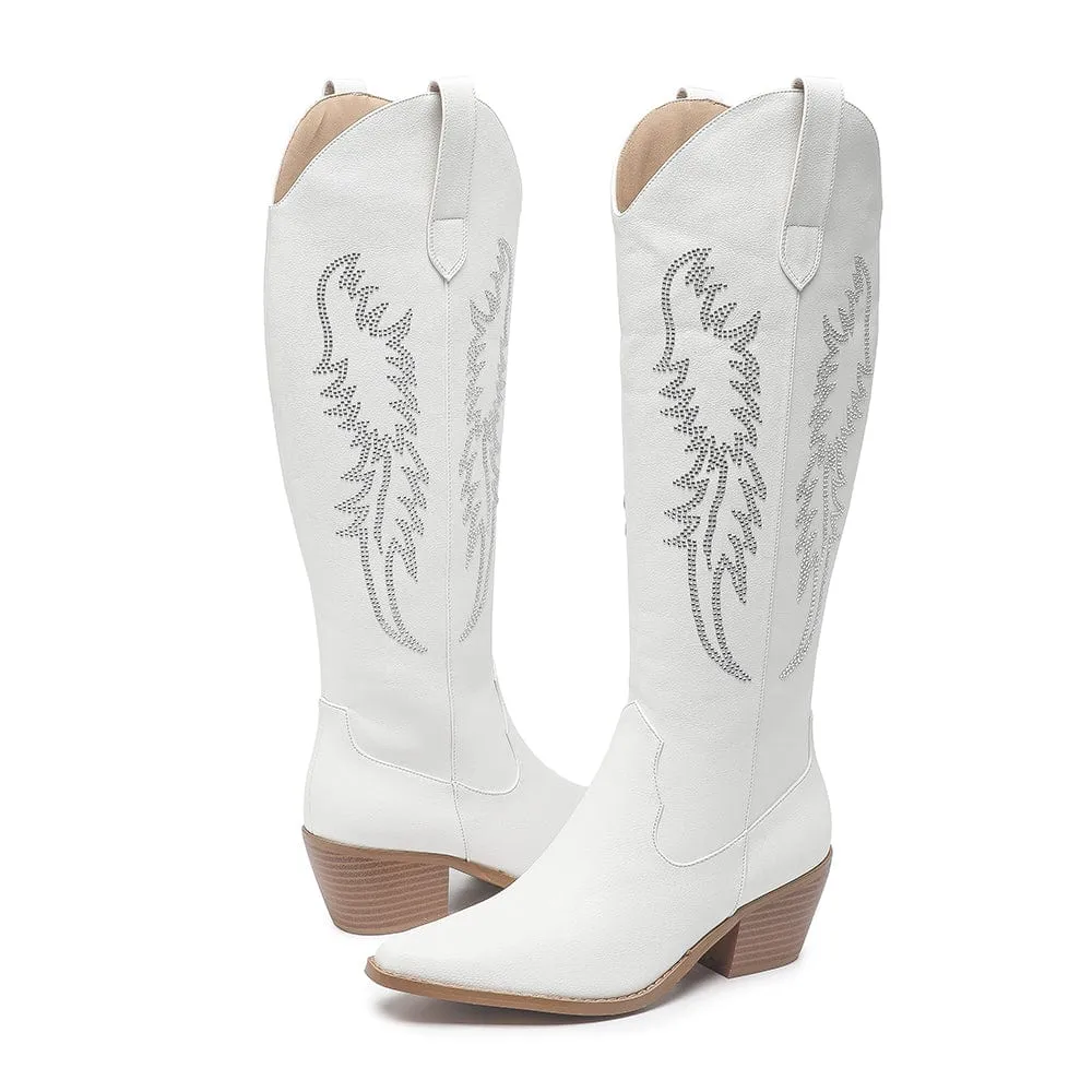 Amoji Women Western Cowboy Boots Cowgirl Knee High Boots Pointed Toe Pull On With Zipper FZ307 Clarks Leather Desert Boots