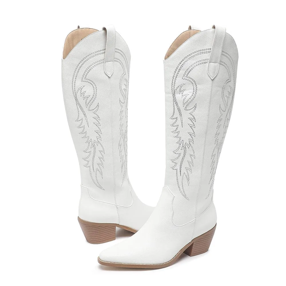 Chelsea Boots With Suit Amoji Women Western Cowboy Boots Cowgirl Knee High Boots Pointed Toe Pull On With Zipper FZ307