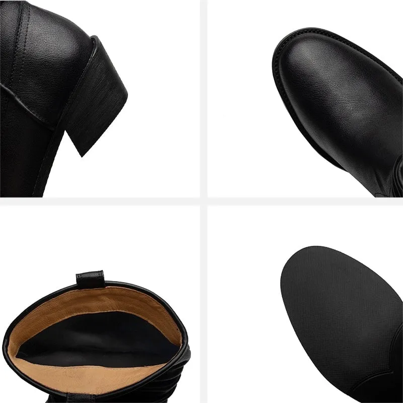 Suede Leather Mid Calf Boots Mid Heel Cowboy Boots Designer Retro Western Boots for Women Pom Pom Snow Boots