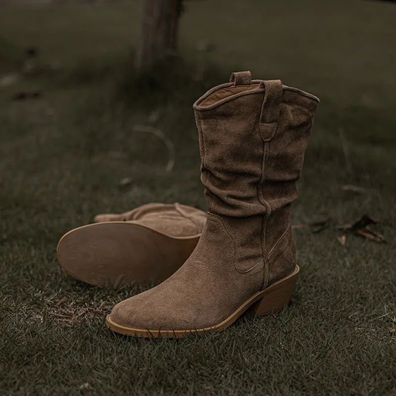 Suede Leather Mid Calf Boots Mid Heel Cowboy Boots Designer Retro Western Boots for Women Snow Bunny Boots