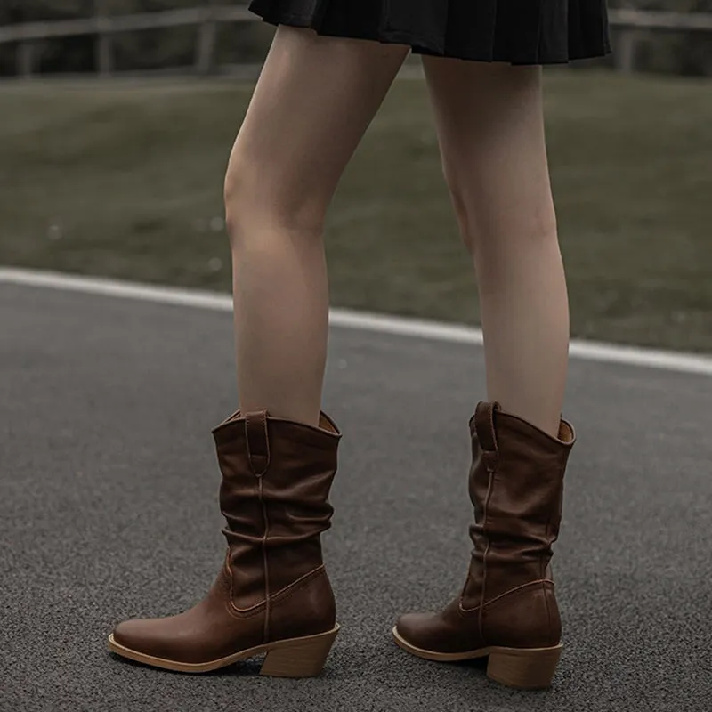 Grip Snow Boots Suede Leather Mid Calf Boots Mid Heel Cowboy Boots Designer Retro Western Boots for Women