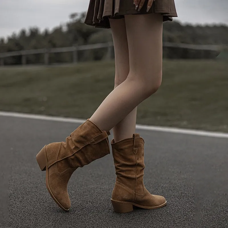 Best Rated Snow Boots Suede Leather Mid Calf Boots Mid Heel Cowboy Boots Designer Retro Western Boots for Women