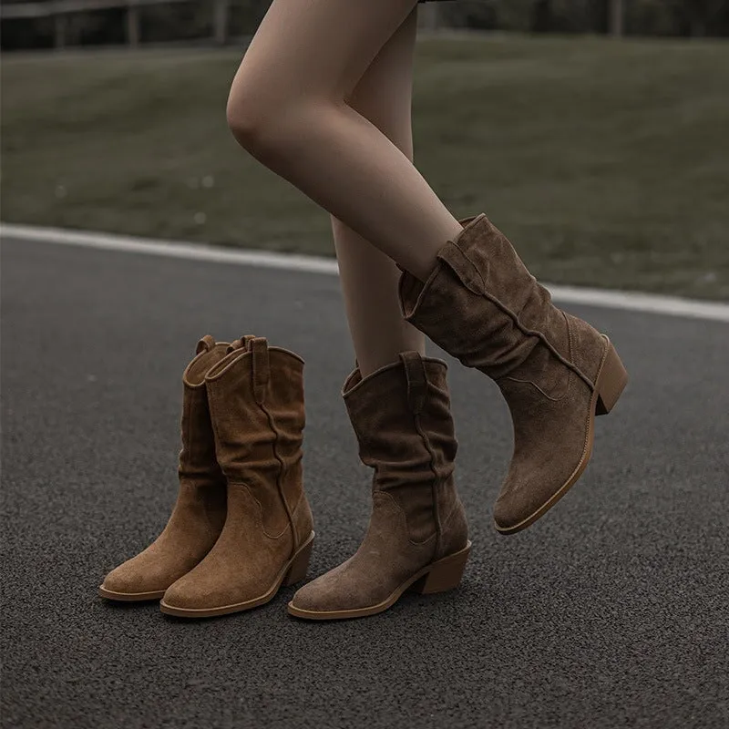 Suede Leather Mid Calf Boots Mid Heel Cowboy Boots Designer Retro Western Boots for Women Wide Calf Snow Boots