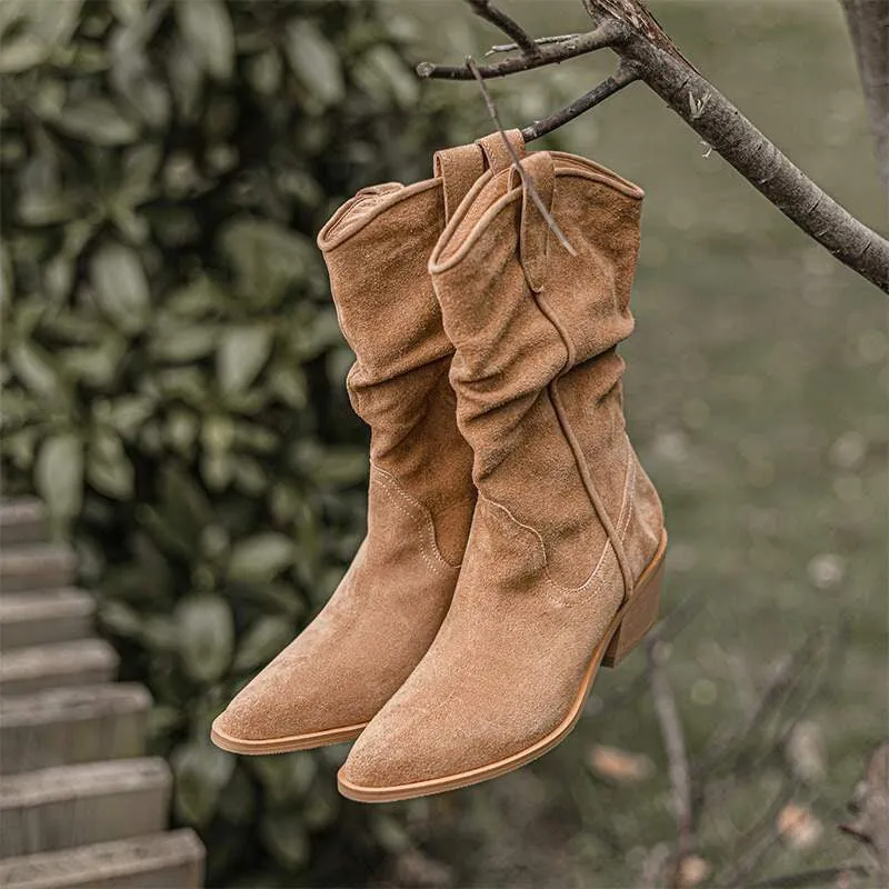 Wedge Waterproof Snow Boots Suede Leather Mid Calf Boots Mid Heel Cowboy Boots Designer Retro Western Boots for Women