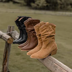 Suede Leather Mid Calf Boots Mid Heel Cowboy Boots Designer Retro Western Boots for Women Bloomingdales Snow Boots