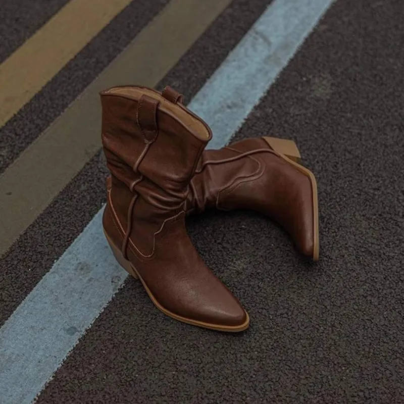 Suede Leather Mid Calf Boots Mid Heel Cowboy Boots Designer Retro Western Boots for Women Ice Crystal Waterproof Snow Boots