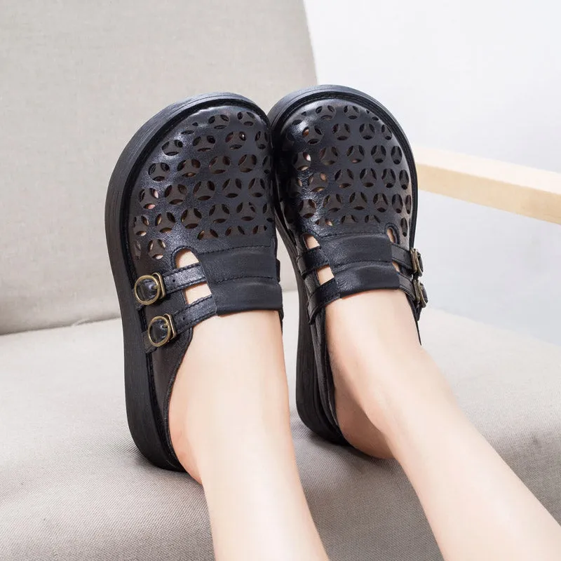 Review Slippers Double Buckles Summer Hollow Wedge Slippers