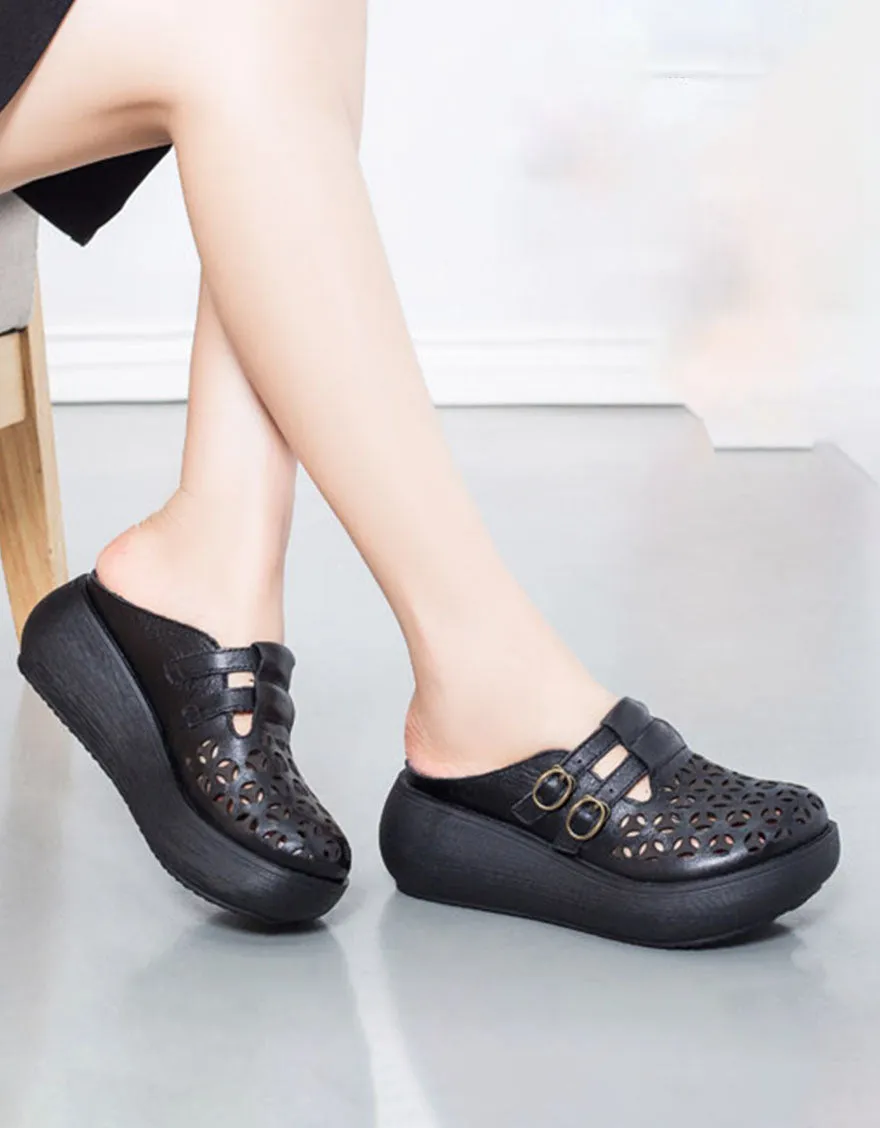 Double Buckles Summer Hollow Wedge Slippers Extra Cushion Slippers