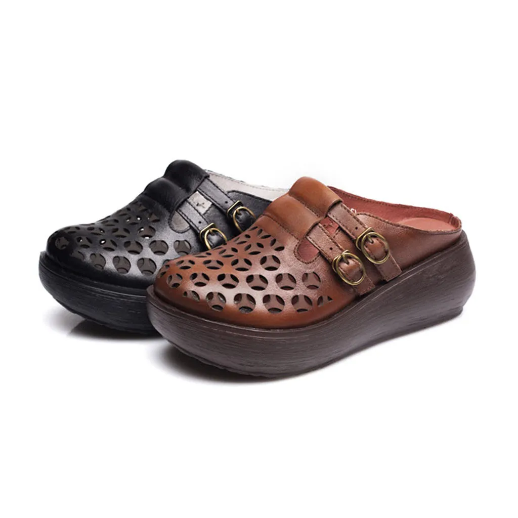 Slippers Footie Double Buckles Summer Hollow Wedge Slippers