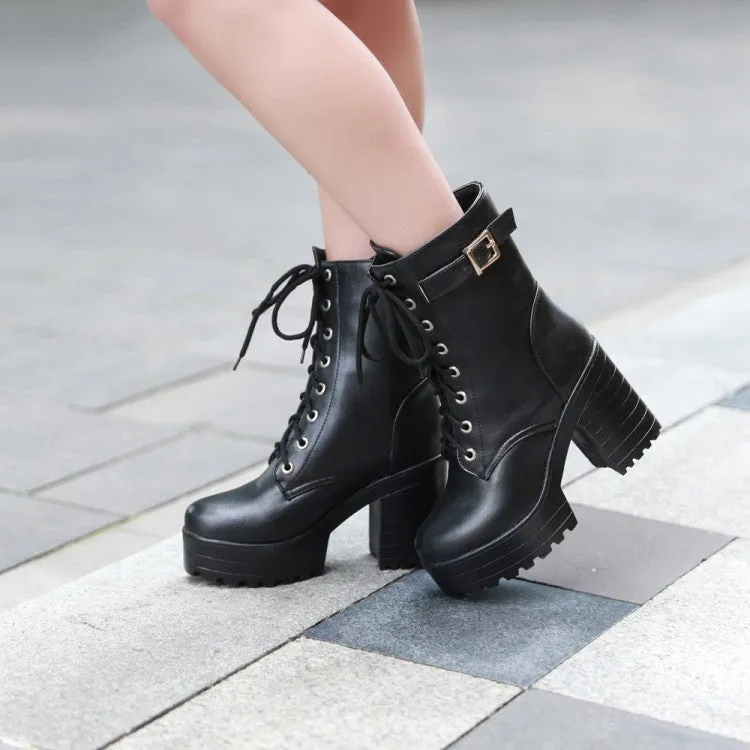 Leather Work Boots Waterproof Belt Buckle Ankle Boots - Stylish Lace-Up Boots for Women