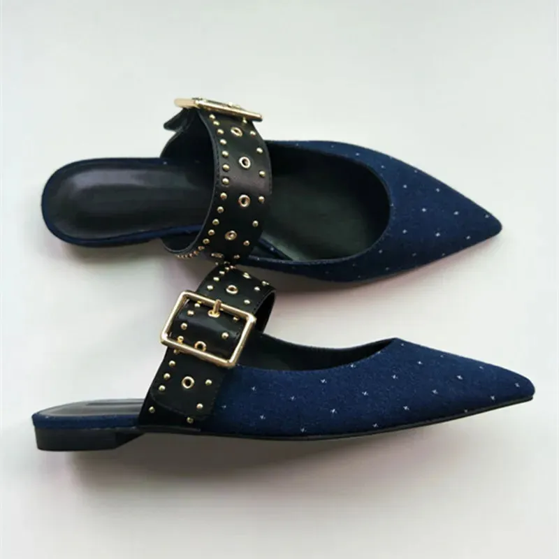 binfenxie New Fashion Metal Rivet Loops with Pointed Mueller Shoes for Women, Flat-bottomed Lazy Shoes and Half Slippers for Women Cloud Shoes For Flat Feet