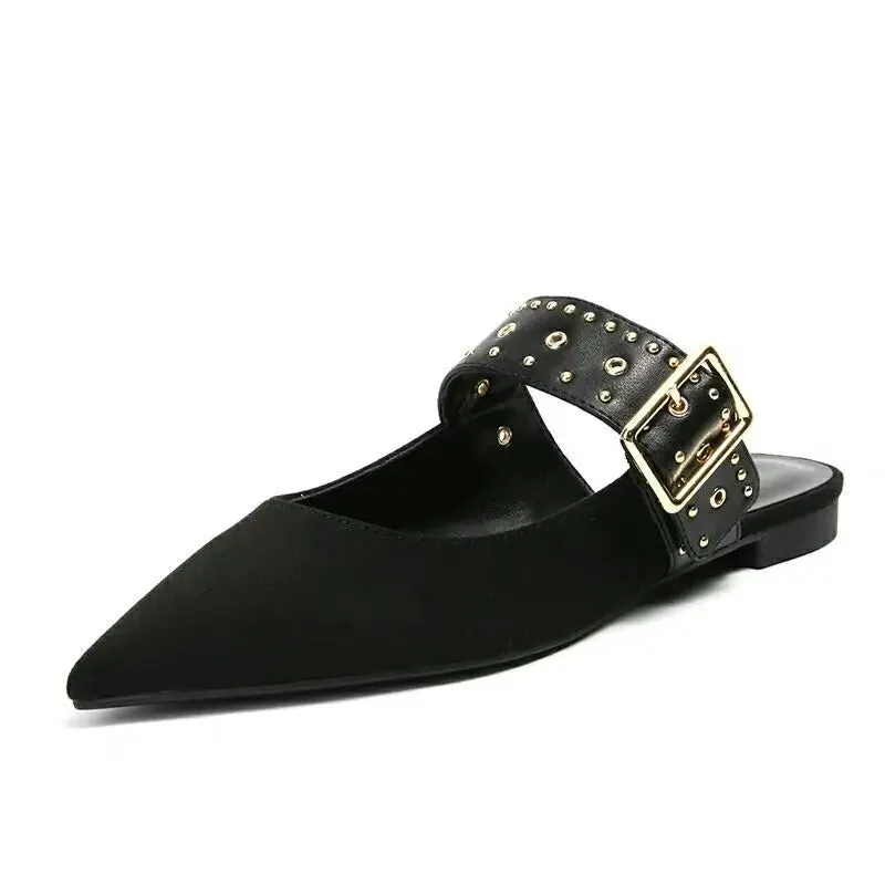 binfenxie New Fashion Metal Rivet Loops with Pointed Mueller Shoes for Women, Flat-bottomed Lazy Shoes and Half Slippers for Women Mountain Flat Shoes