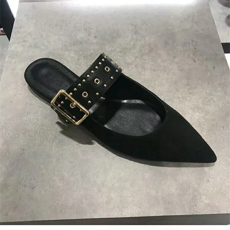 Pencil Skirt Flat Shoes binfenxie New Fashion Metal Rivet Loops with Pointed Mueller Shoes for Women, Flat-bottomed Lazy Shoes and Half Slippers for Women