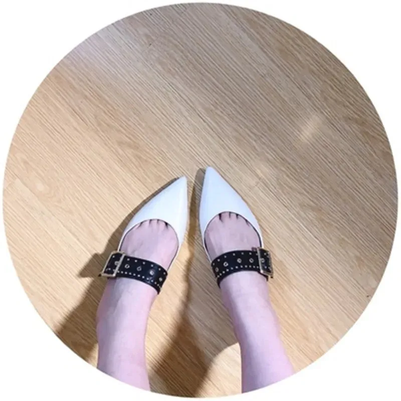 binfenxie New Fashion Metal Rivet Loops with Pointed Mueller Shoes for Women, Flat-bottomed Lazy Shoes and Half Slippers for Women Lacoste Shoes