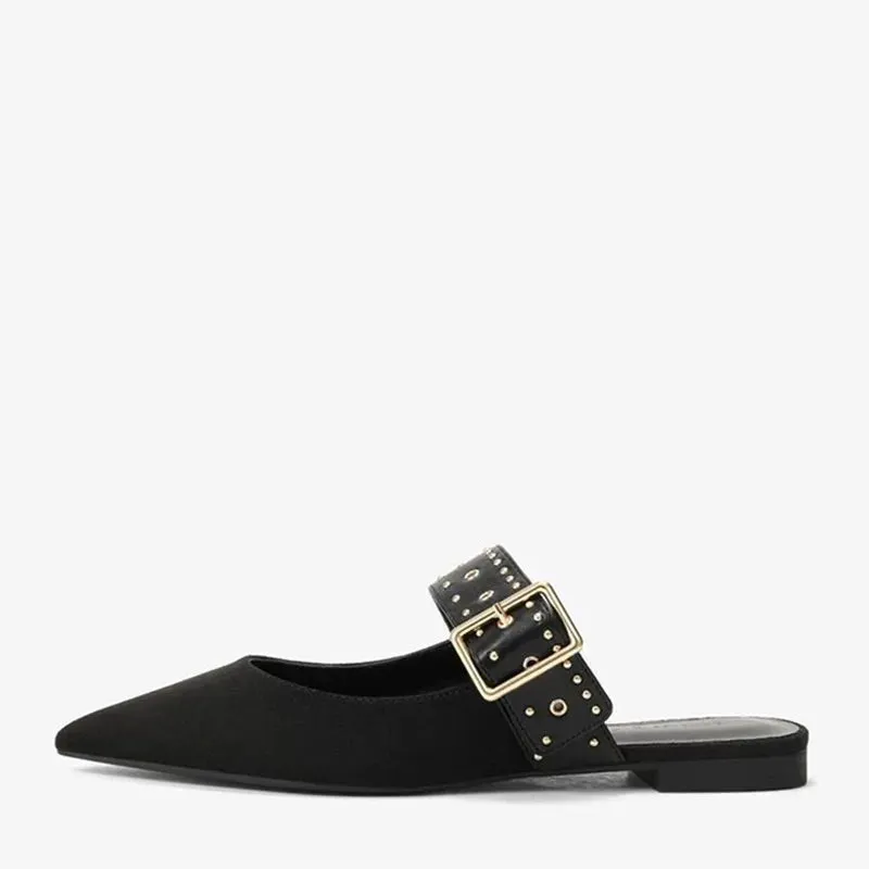 Beaded Shoes binfenxie New Fashion Metal Rivet Loops with Pointed Mueller Shoes for Women, Flat-bottomed Lazy Shoes and Half Slippers for Women