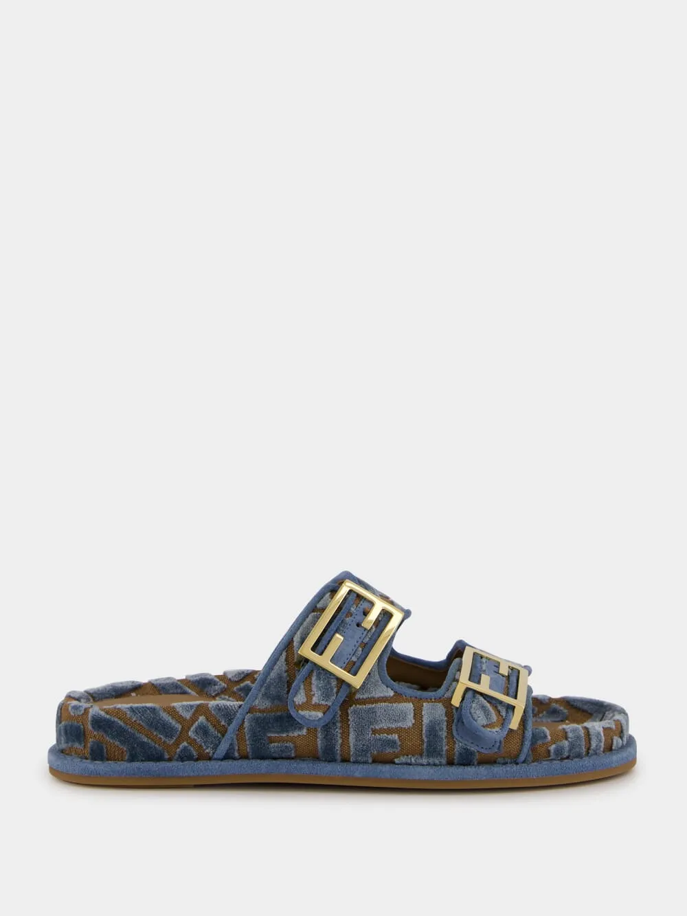 Blue Fendi Feel Jacquard Velvet Slides Grounded Slippers