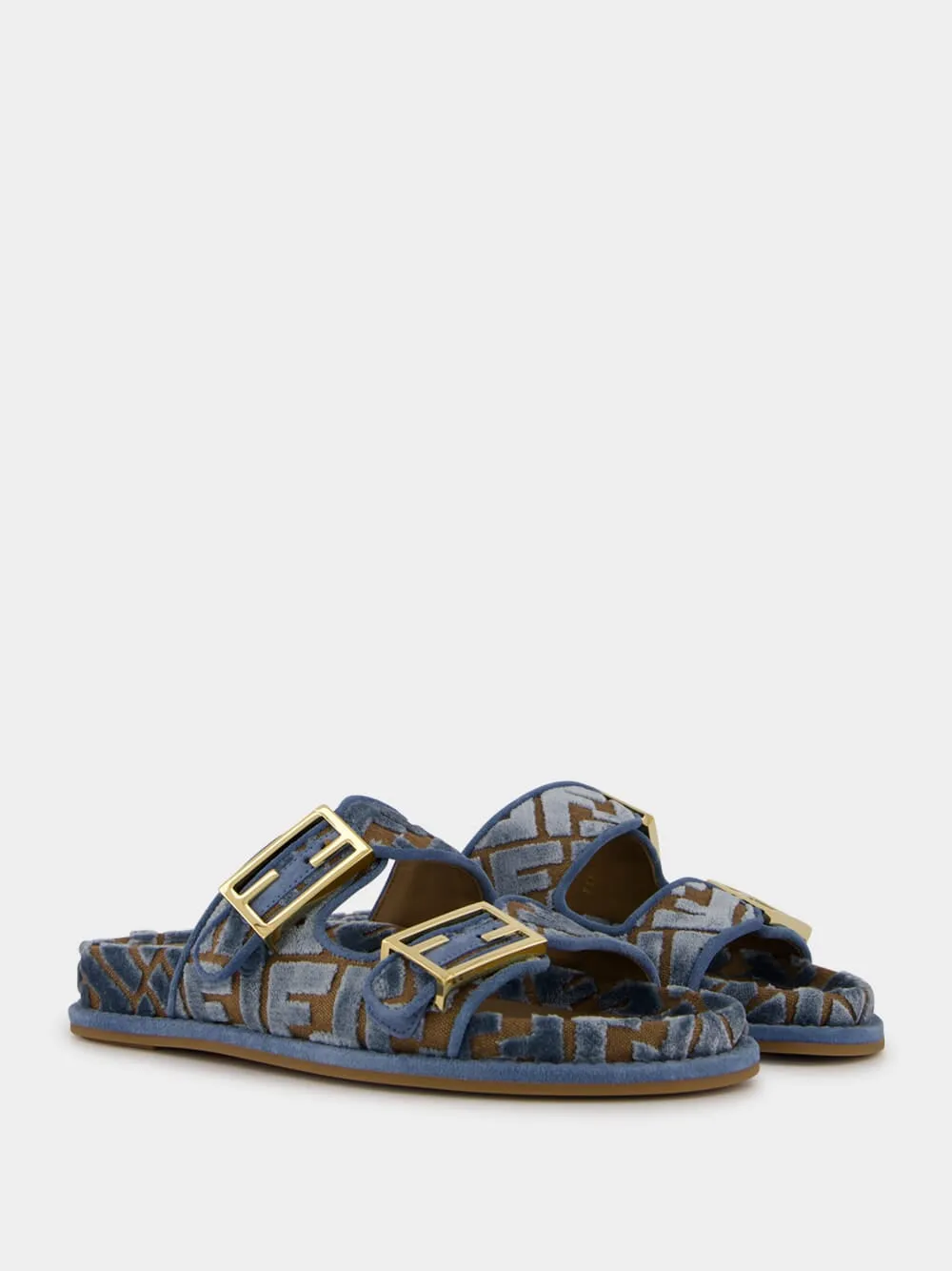 Slippers With Grippers Blue Fendi Feel Jacquard Velvet Slides