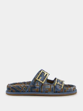 Female Fur Slides Blue Fendi Feel Jacquard Velvet Slides