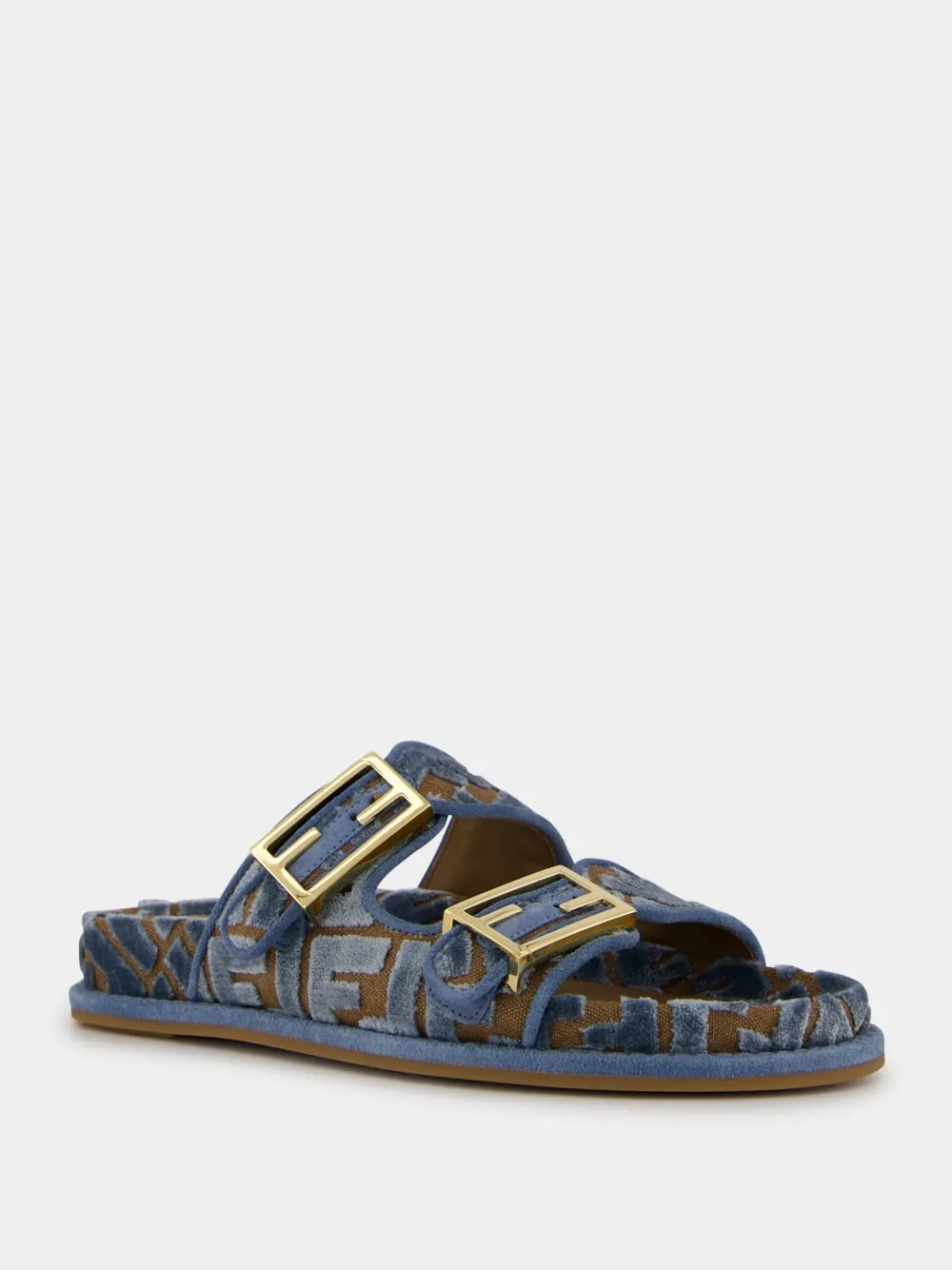 Blue Fendi Feel Jacquard Velvet Slides Basketball Slides