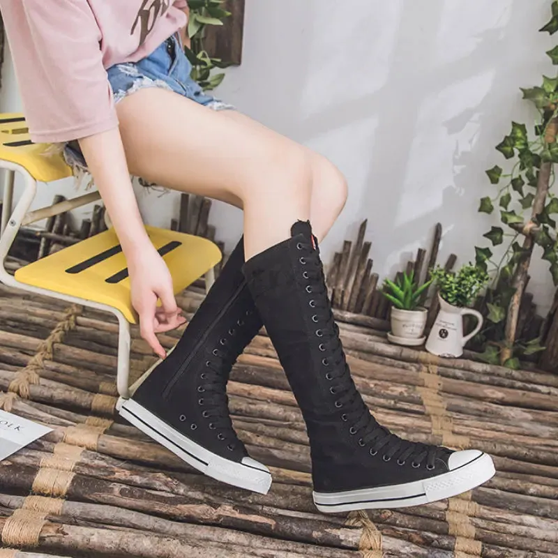 High Top Women's Canvas Shoes Knee High Boots Side Zipper Flats Vulcanized Shoes Lace-Up Comfortable Platform Sneakers Female Wedding Outfits With Flat Shoes