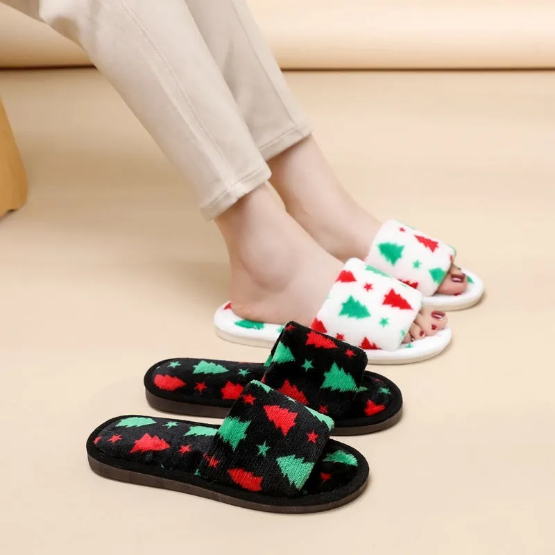 Shoes And Slippers Christmas Tree Home Slippers Fashion Floor Bedroom Open-toe Plush Slippers For Women Fuzzy House Shoes
