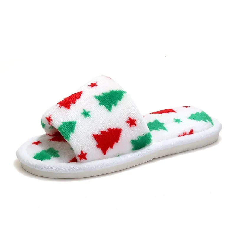 Fuzzy Bunny Slippers Band Christmas Tree Home Slippers Fashion Floor Bedroom Open-toe Plush Slippers For Women Fuzzy House Shoes