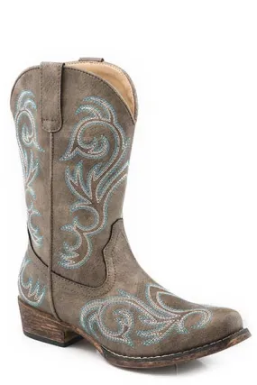 Girls' Brown with Turquoise Embroidery Snip Toe Cowboy Boots Boots Width