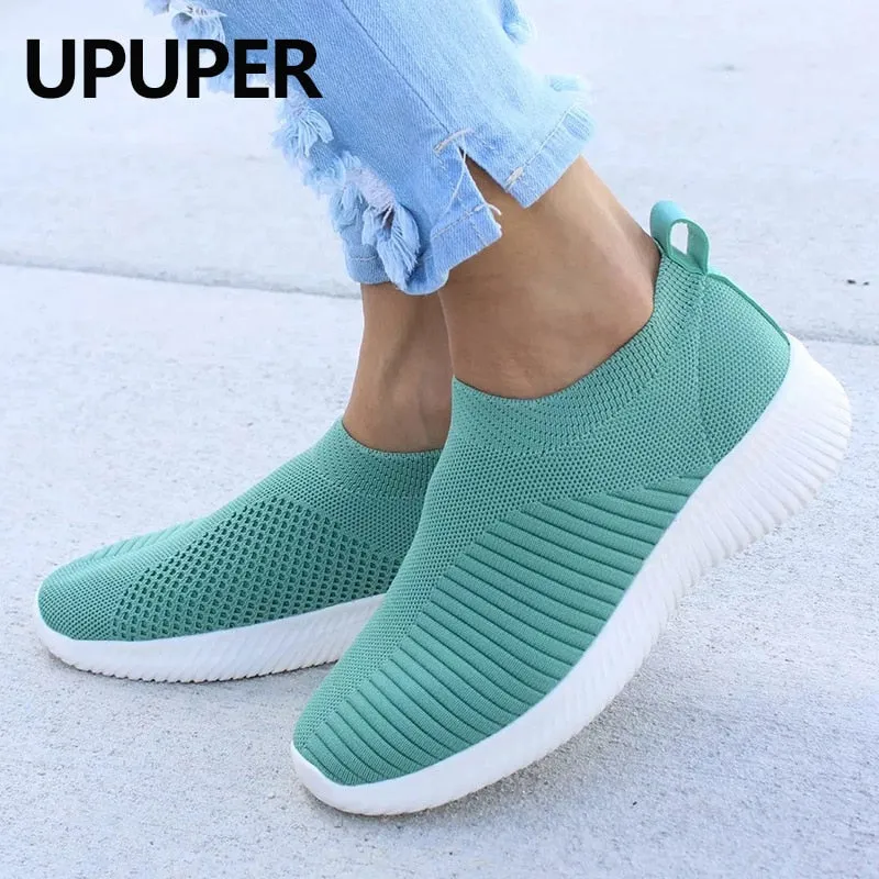 UPUPER Light Sneakers Women Breathable Mesh Vulcanized Shoes Outdoor Flat Slip-On Sock Shoes Women For Walking Plus Size 35-43 Tennis Shoe Flats