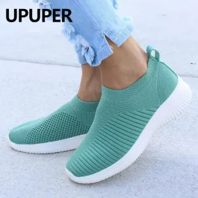 UPUPER Light Sneakers Women Breathable Mesh Vulcanized Shoes Outdoor Flat Slip-On Sock Shoes Women For Walking Plus Size 35-43 Granny Flats Shoes