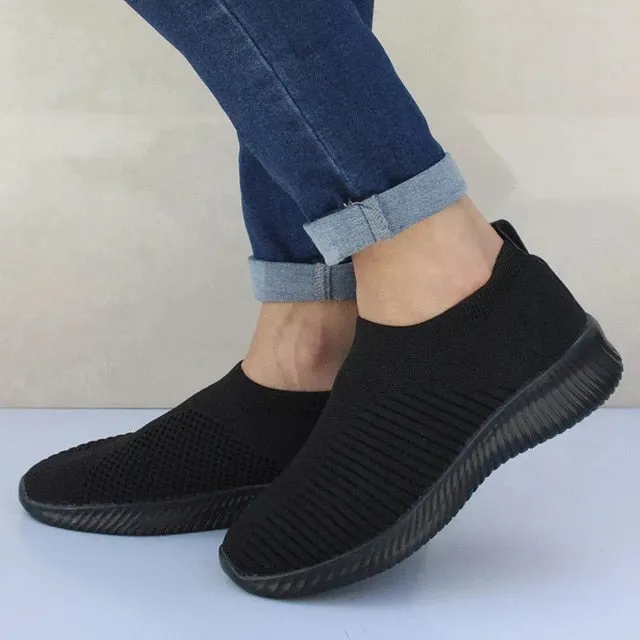 UPUPER Light Sneakers Women Breathable Mesh Vulcanized Shoes Outdoor Flat Slip-On Sock Shoes Women For Walking Plus Size 35-43 Best Shoes For Flat Feet Standing