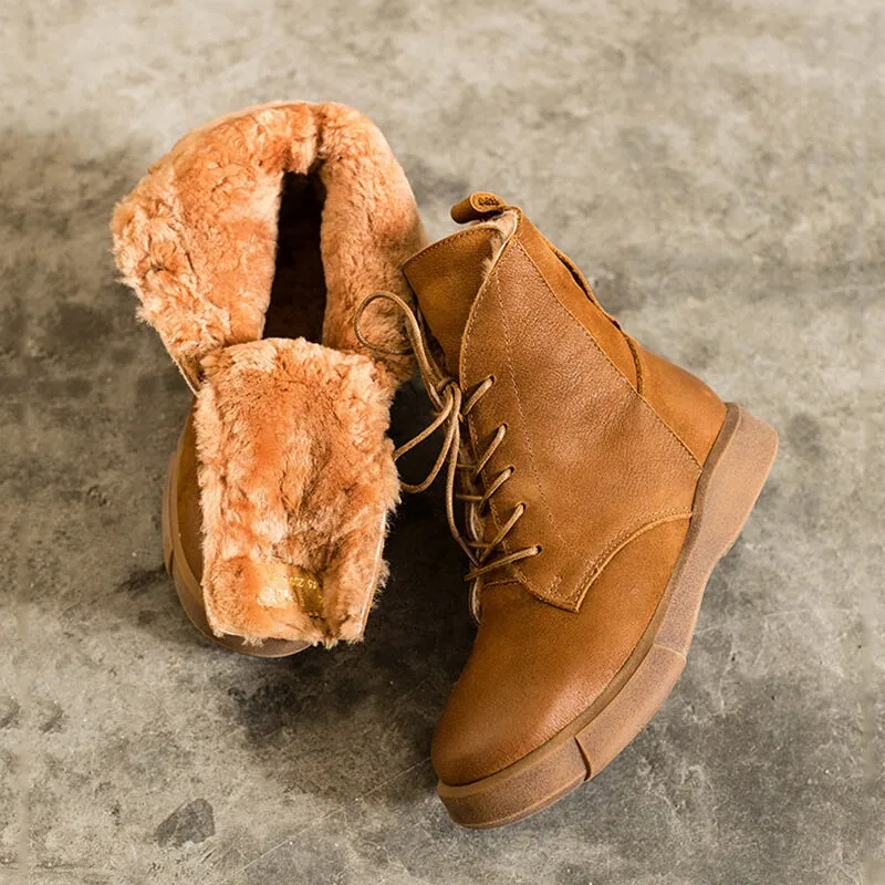 WaxingLeather Shearling Lined Short Boots for Winter Lace Up Snow Boots in Black/Coffee Saks Snow Boots