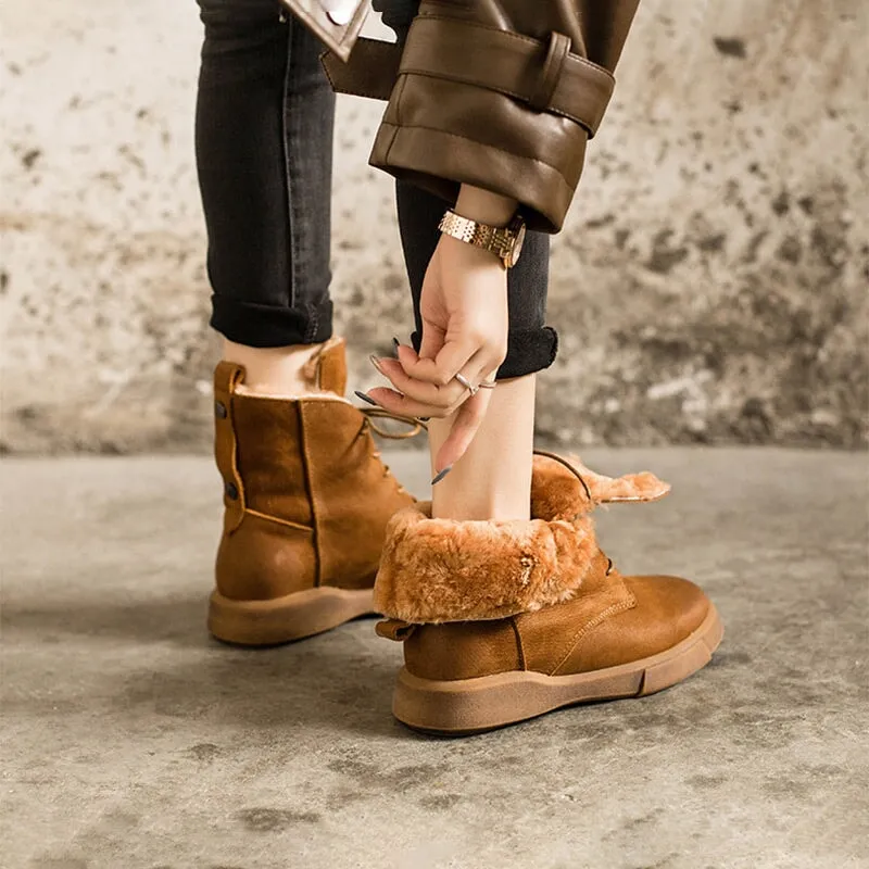 WaxingLeather Shearling Lined Short Boots for Winter Lace Up Snow Boots in Black/Coffee Ysl Snow Boots