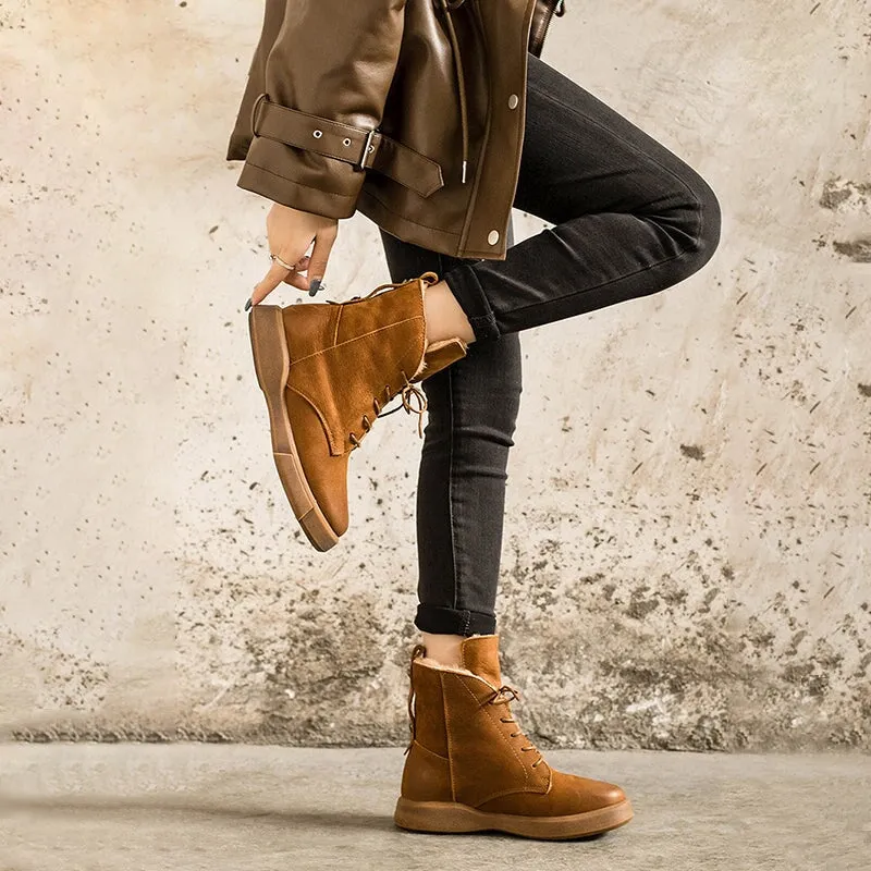 Waterproof Snow Boots Wide Width WaxingLeather Shearling Lined Short Boots for Winter Lace Up Snow Boots in Black/Coffee